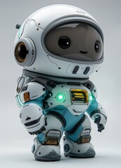 A cute little astronaut-shaped rubber figurine, white with blue accents and a green LED light