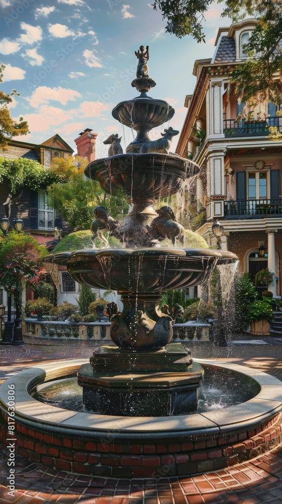 Poster a large fountain with statues of animals and people. the fountain is surrounded by a brick walkway a