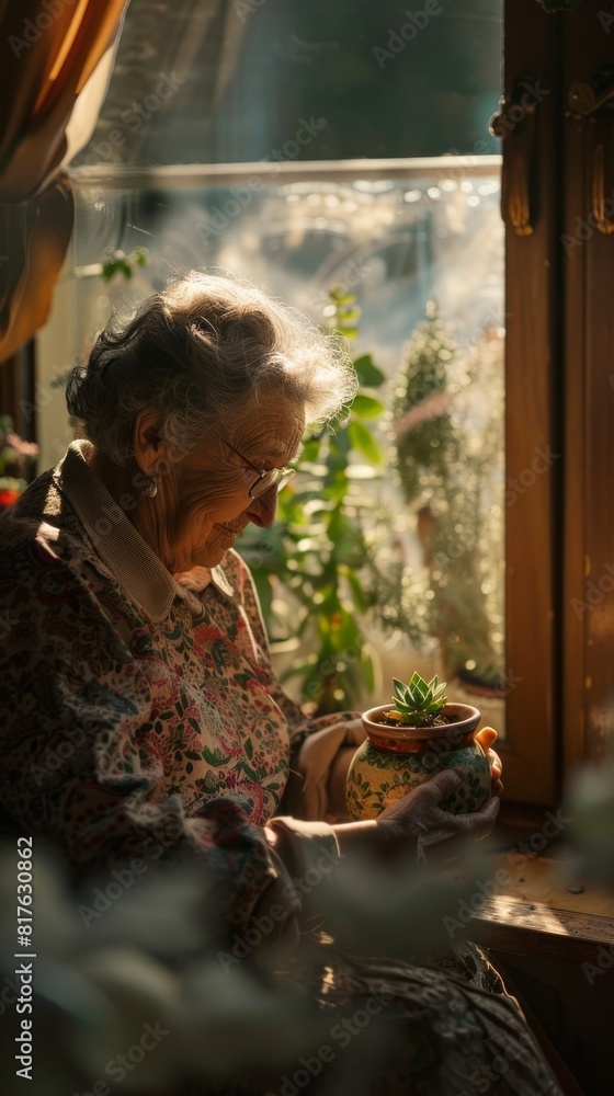 Poster a woman is sitting in a window with a plant in a pot. she is smiling and seems to be enjoying the su