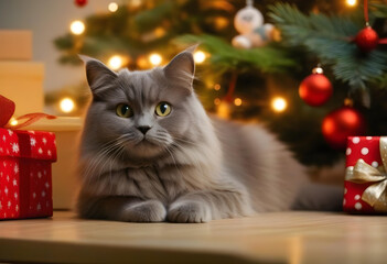 A gray cat sitting on a table with a Christmas tree decorations and gifts in the background