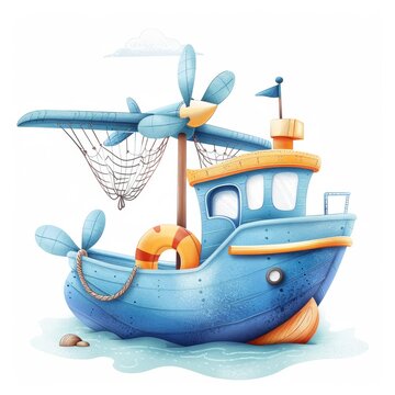 blue cartoon boat with propeller and net clip art preview