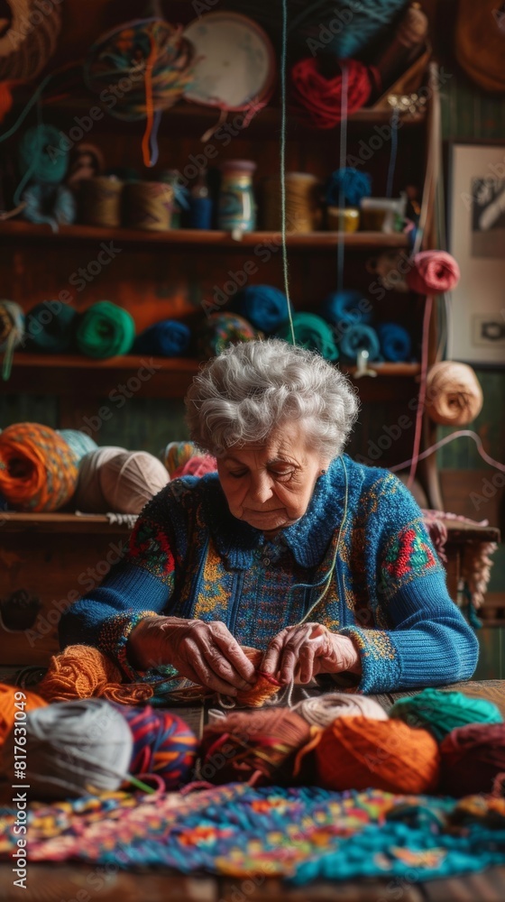 Aufkleber an older woman sits at a table with a variety of colorful yarns. she is knitting a sweater and she i