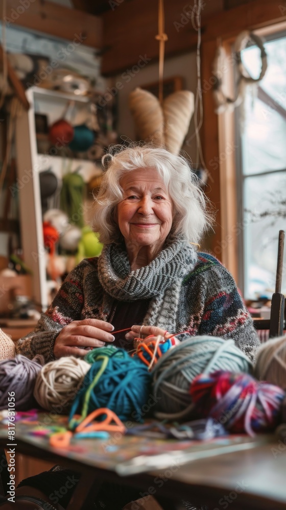Poster a woman is sitting at a table with a pile of yarn in front of her. she is smiling and she is enjoyin