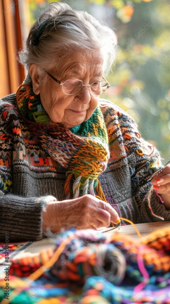 Poster an older woman is sitting at a table with a colorful scarf and knitting needles. she is focused on h