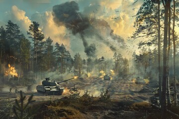 Fototapeta premium A panoramic view of a forest battlefield Military tank M1 Abramss engage in combat amidst the trees