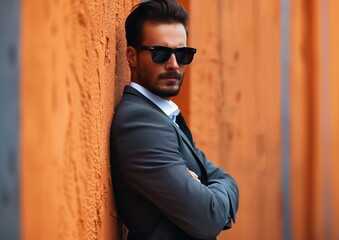 Obraz premium Confident Businessman in Suit Posing with Sunglasses Against Orange Wall