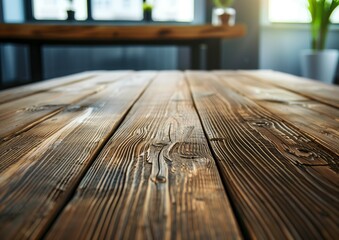 Rustic Wooden Table Top in a Cozy Cafe Environment with Natural Light
