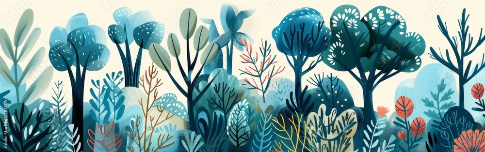 Poster A painting of a forest with trees of different sizes and colors. The painting has a calming and peaceful mood, with the trees appearing to be in a lush, green environment