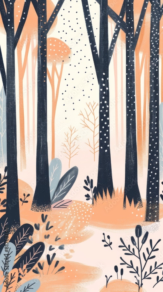 Poster a painting of a forest with trees and bushes. the trees are orange and blue, and the bushes are gree