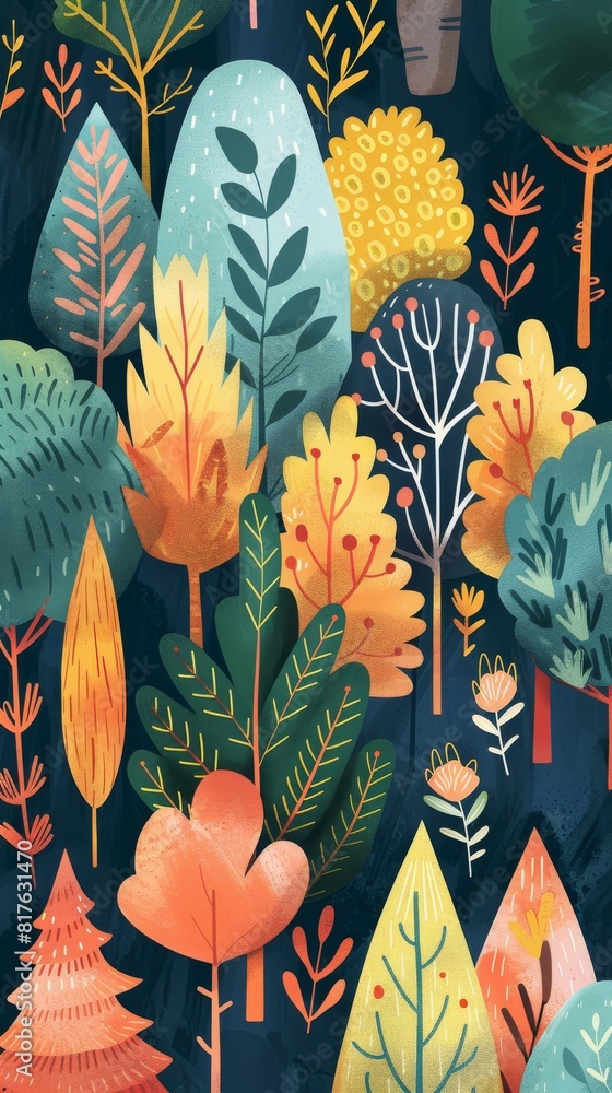 Poster a colorful painting of trees and flowers with a blue background. the trees are painted in different 