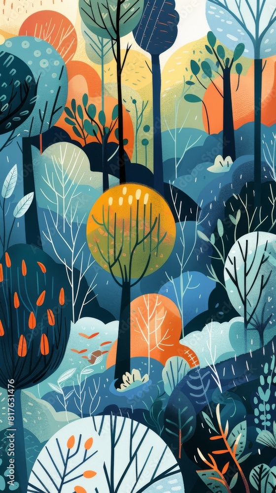 Poster a painting of a forest with trees of different colors and sizes. the mood of the painting is peacefu