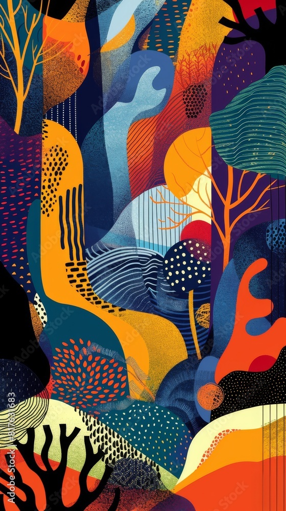 Poster a colorful painting of a forest with trees and mountains. the painting is full of life and energy, w