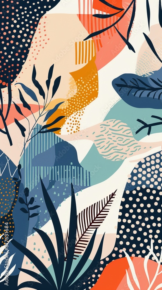 Poster a colorful and abstract painting of a forest scene with various plants and flowers. the painting has
