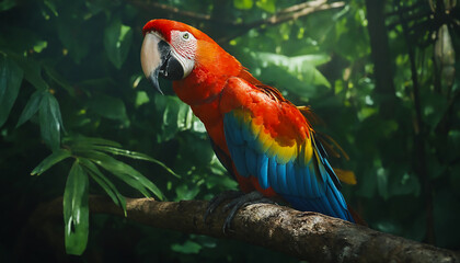 A colorful macaw sits on a branch in the deep jungle.