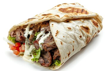 Beef shawarma sandwich fresh roll, wrap of grilled meat and salad tortilla wrap with white sauce. turkish Doner Kebab on a lavash isolated on white background 