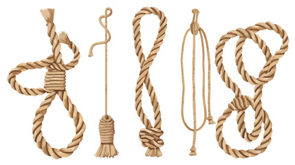 Ropes lasso strings Four . Jute and hemp cords loops