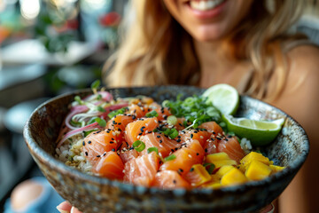 Woman holding a poke bowl with fresh salmon, mango, and green onions, ideal for healthy eating and lifestyle promotion.