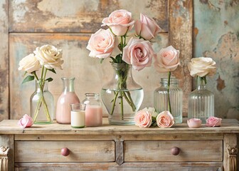 Beautiful roses in glass vases and vials on an antique wooden chest of drawers. A bouquet of flowers in a vase in a home interior. Light, beige, pink floral background.