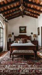 A bedroom with a wooden bed, a rug, and a picture on the wall. The room has a cozy and warm atmosphere