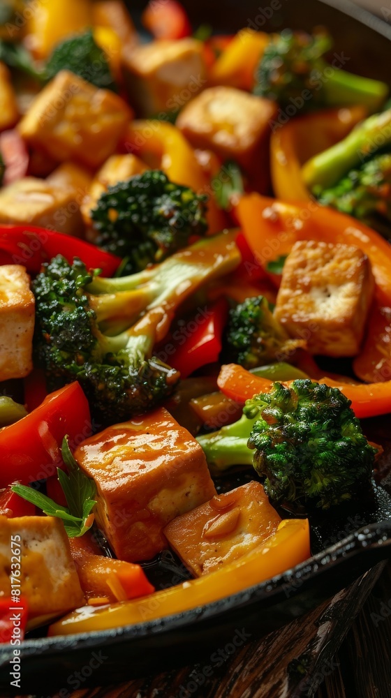 Poster a stir fry of vegetables and tofu is served in a pan. the dish is colorful and appetizing, with a va