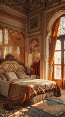 A large bed with a red curtain and a gold headboard. The room is decorated with oriental style furniture and has a warm, inviting atmosphere