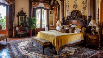 A large, ornate bed with a yellow blanket and pillows is in a room with a rug and a mirror. The room has a luxurious and elegant feel to it