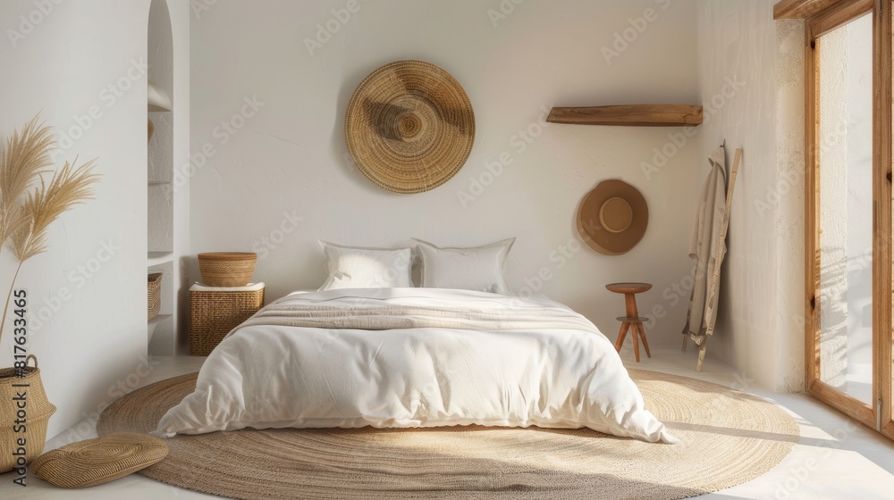 Aufkleber a bedroom with a white bed and a round rug. the room has a rustic feel with a few decorative element