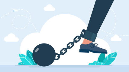 Work problem. Chain with ball attached to leg. The man's leg is chained. Businessman chained to his big heavy debt weight with shackles. Business man corporate slavery concept. Flat illustration