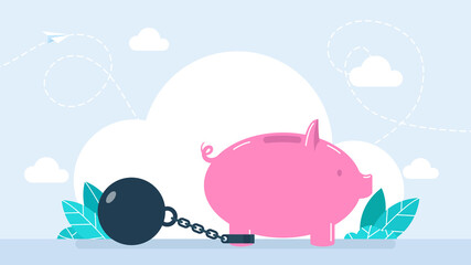 The pig's leg is chained. Piggy bank trying to go with a huge weight of debt chained to his leg. Concept of debt, credit, slavery, arrest, burden, sanction. Flat style illustration