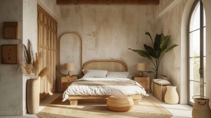 A bedroom with a white bed, a wooden dresser, and a plant. The room has a warm and inviting atmosphere