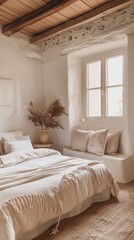 A bedroom with a white bed, a white pillow, and a white blanket. The bed is surrounded by a rug and a vase with flowers. The room has a cozy and inviting atmosphere