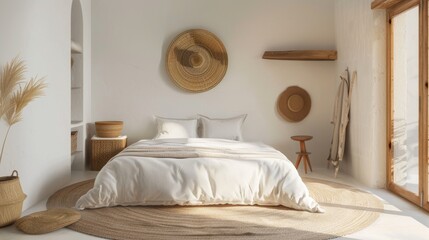 A bedroom with a white bed and a round rug. The room has a rustic feel with a few decorative elements such as a hat on a shelf and a basket