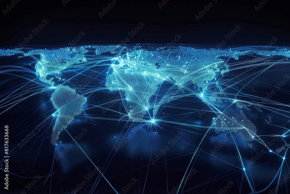 Poster global network map in blueprint style, major data centers marked, fiber-optic routes traced with das