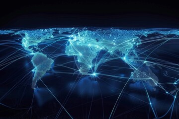 Global network map in blueprint style, major data centers marked, fiber-optic routes traced with dashed lines, ocean cables highlighted