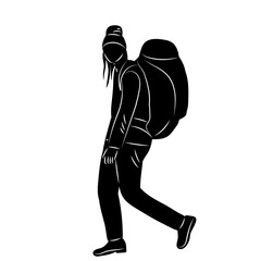 woman with a backpack walking silhouette on a white background vector