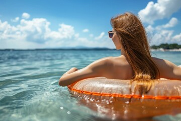 A woman in sunglasses relaxes on an orange float in the ocean, enjoying a sunny day with clear skies