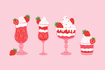 A set of strawberry parfaits in various glasses. Vector graphics.