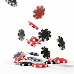 a small amount of poker chips falling isolated on white background