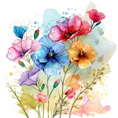 Vibrant Watercolor Floral Bouquet with Colorful Splashes Artwork