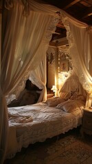 A bed with a canopy and white curtains. The bed is covered in a white lace blanket. The room is dimly lit, creating a cozy and intimate atmosphere