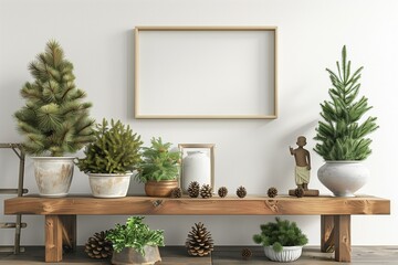 : An inviting living room arrangement featuring a beautifully crafted wood bench, a variety of green plants in pots, a stylish ceramic vase, pine cones, a delicate statuette, and a picture frame with 