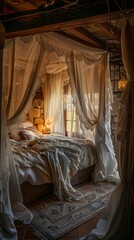 A bedroom with a canopy bed and white curtains. The room has a cozy and romantic atmosphere