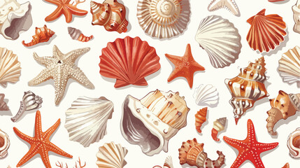 Seamless marine pattern with seashells corals and sta