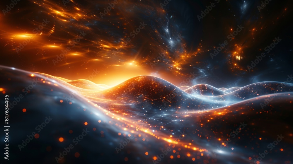 Poster abstract background with golden and red glowing dots forming the shape of a black hole in dark space