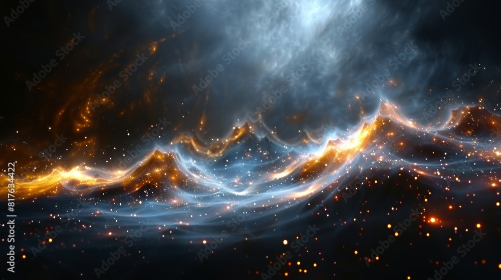 Poster abstract background with golden and red glowing dots forming the shape of a black hole in dark space
