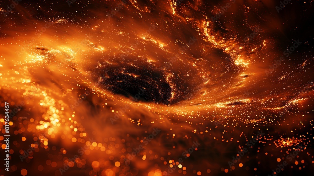 Poster abstract background with golden and red glowing dots forming the shape of a black hole in dark space