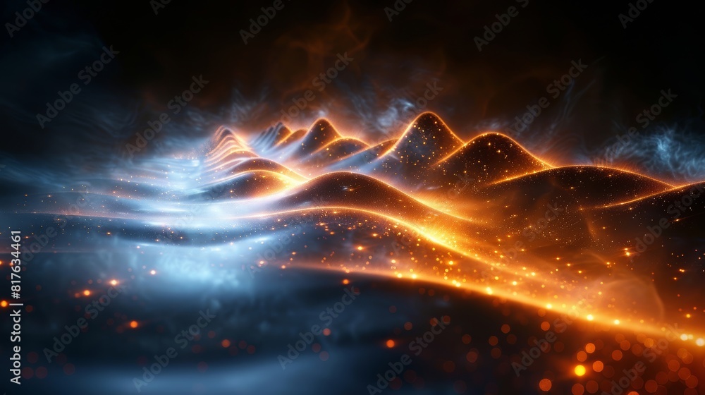 Poster abstract background with golden and red glowing dots forming the shape of a black hole in dark space