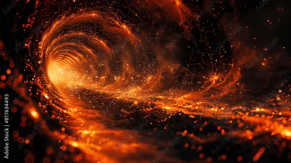 Poster abstract background with golden and red glowing dots forming the shape of a black hole in dark space
