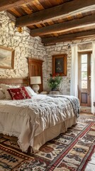 A bedroom with a white bed and a red pillow. The room has a rustic feel with a red rug and a wooden headboard