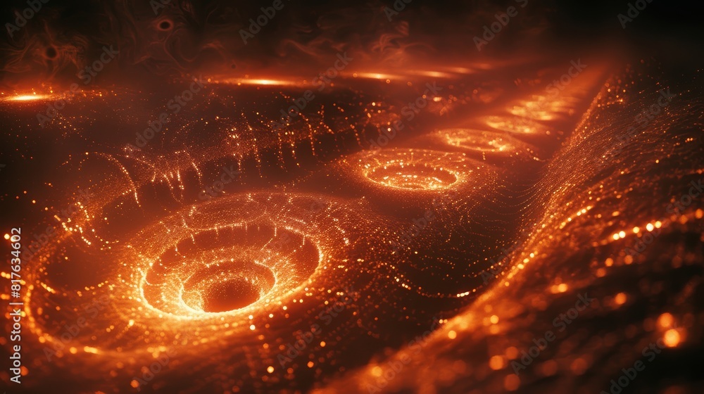 Poster abstract background with golden and red glowing dots forming the shape of a black hole in dark space